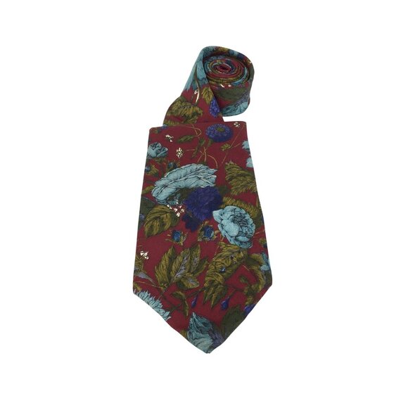 Vintage Bugatti Floral Neck Tie 100% Italian Silk Maroon Blue Flowers MadeIn USA - Picture 1 of 7